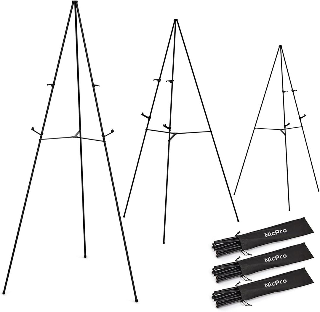 Nicpro Folding Easels for Display, 3 Pack 63 Inch Metal Floor Easel Stand Tripod Black Portable for Artist Poster Wedding with Carry Bag