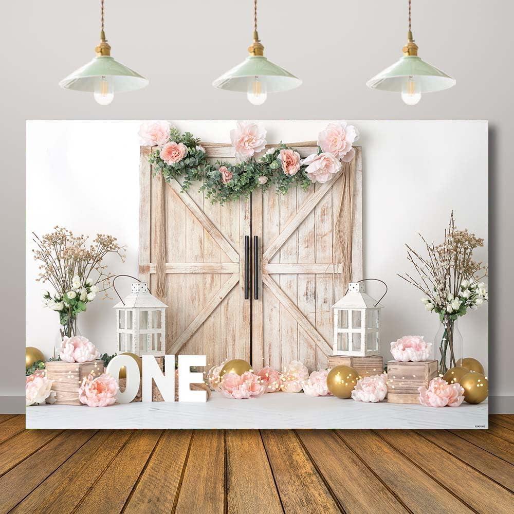 1st Birthday Photography Backdrop Pink Floral Rustic Barn Door Girls One Year Photo Background Farmhouse Flowers Princess Fairy Portrait Cake Table Decorations 71X47inch