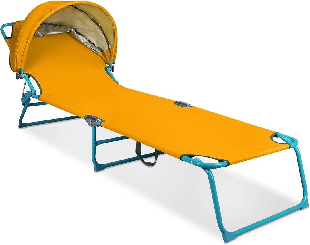 Northroad Beach Lounge Chair with Canopy Shade, Adjustable 4 Position Foldable Tanning Chair, Outdoor Heavy Duty Chaise Lounge Chair, for Poolside Patio Sunbathing Lawn, UPF 50+, Yellow, 22 x 14 x 10.26 inches