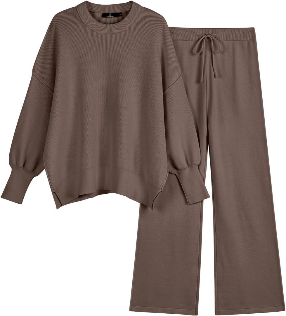 LILLUSORY Women 2 Piece Outfits Sweatsuit Oversized Knit Pullover Sweater Tops Wide Leg Pants Lounge Set (Medium, Nutmeg)