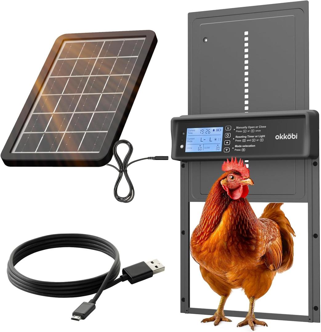 Okkobi Automatic Chicken Coop Door Solar Powered - LCD Display - Chicken Coop Door with Remote Control, Light Sensor & Timer - Security & Peace of Mind: Anti-Pinch Function - 5-Year Protection - Grey (Metal)