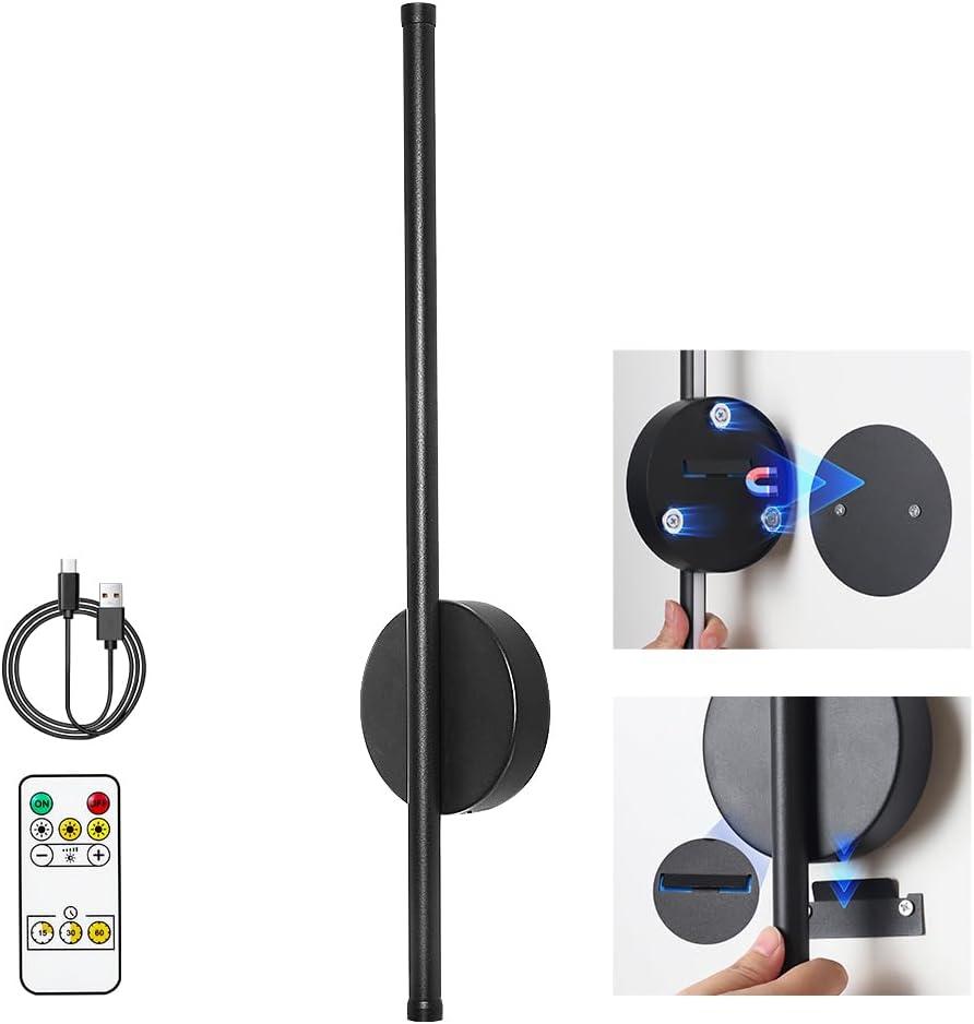 Battery Operated Wall Sconce 19.7 inch Rechargeable Wireless Wall Light with IR Remote Control Dimmable 360 Rotatable Magnetic Wall Lamp for Living Room Bedroom Hallway Black