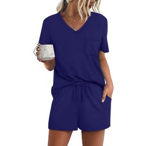 RUBZOOF Women's Short Sleeve Pajama Sets with Pockets Casual V Neck 2 Piece Lounge Sets S-3XL, Size L