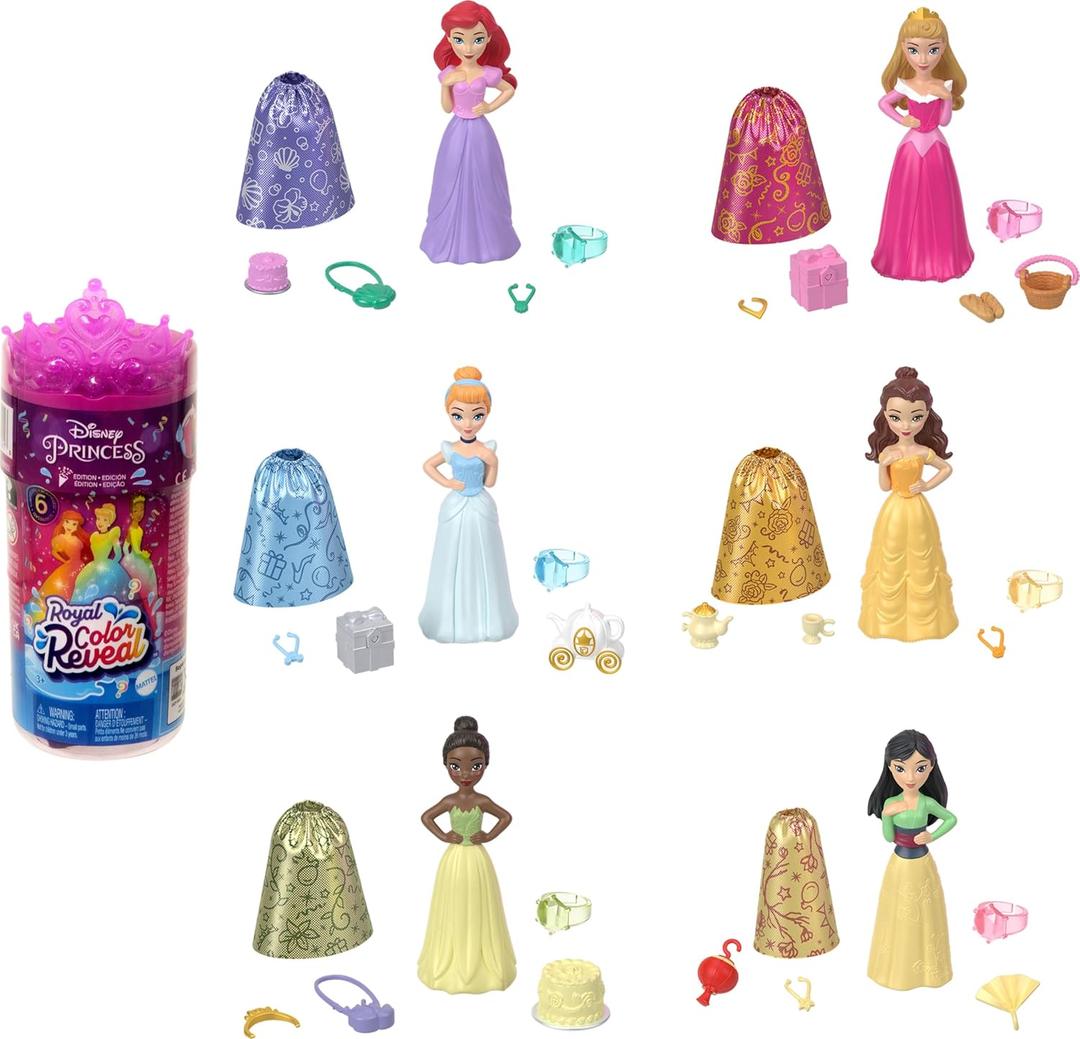 Mattel Disney Princess Small Doll Royal Color Reveal, 6 Surprises Include 1 Doll & 5 Accessories, Party Theme (Dolls May Vary), Pack of 2