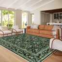 Vintage Botanical Dark Green Area Rug 8x10 Elegant Floral Pattern, Durable Stain-Resistant Fabric, Perfect for Living Room, Bedroom, Dining Room Decor (Teal)