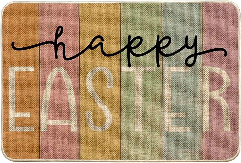 Artoid Mode Stripes Happy Easter Doormat, Spring Home Decor Low-Profile Switch Rug Door Mat Floor Mat for Indoor Outdoor 24x35 Inch