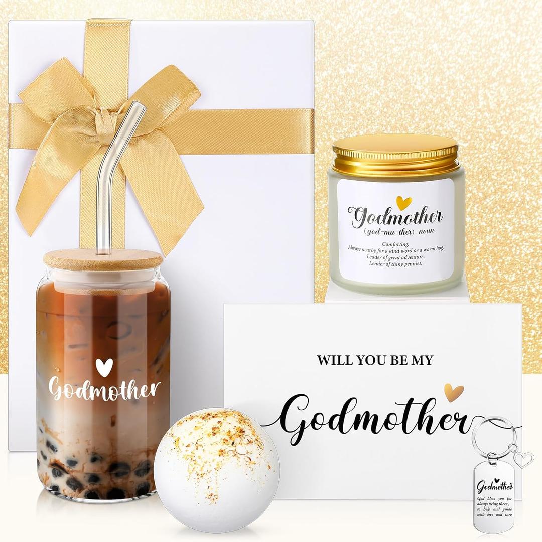 6 Pcs Godmother Proposal Gift Will You Be My Godmother Gift Set with Glass Scented Candle Bath Bomb Keychain Card Box Set for God Mother Auntie from Godchild Baptism Easter (Classic Style)