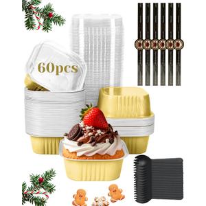 60 Pack 10oz Mini Cake Pans with Lids, Spoons, Stickers - Disposable Square Brownie Baking Cups - Individual Small Aluminum Foil Loaf Tins for Muffin, Ramekins, Cupcake - Catering, Gift, Gold