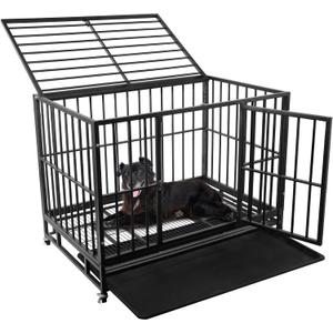 Elevon 42 inch Heavy Duty Dog Crate with Lockable Wheels, Escape Proof Dog Crate cage Kennel for Large Dogs, High Anxiety Indestructible Dog cage, Double Door and Removable Tray