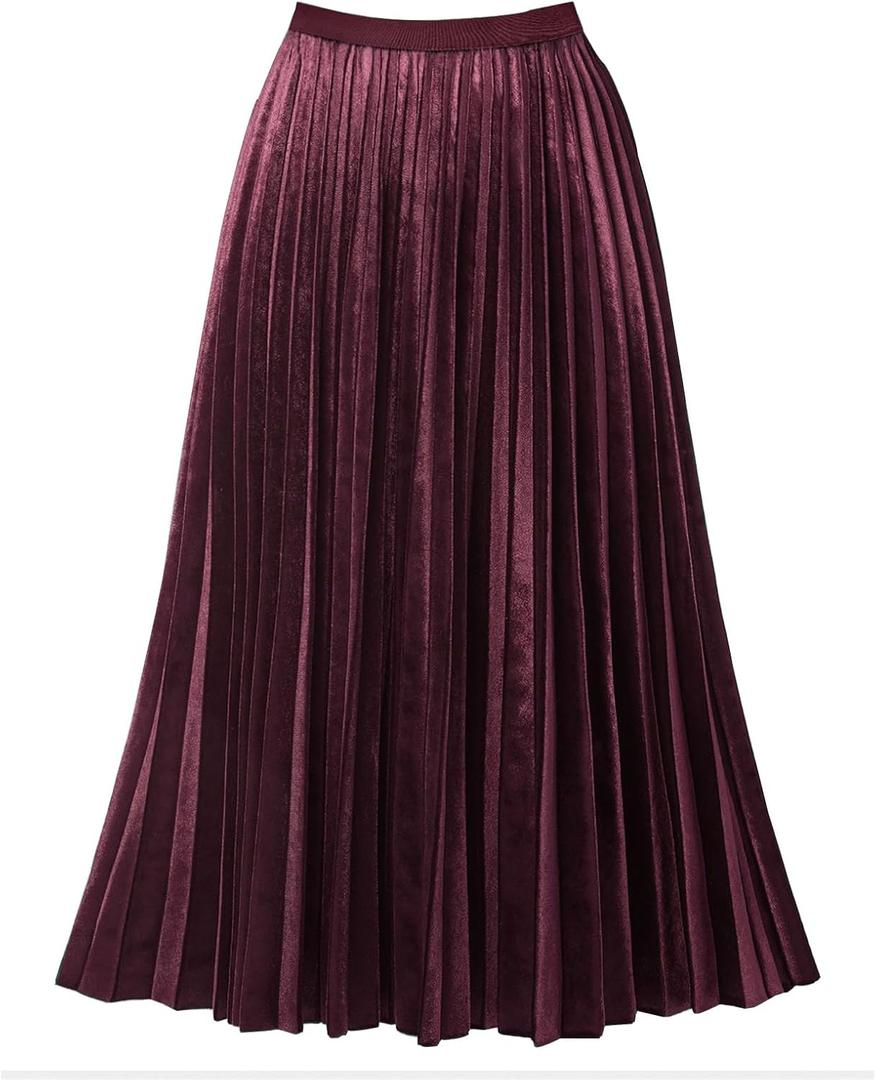 GOOBGS Women's Pleated A-Line High Waist Swing Flare Midi Skirt (XXL)
