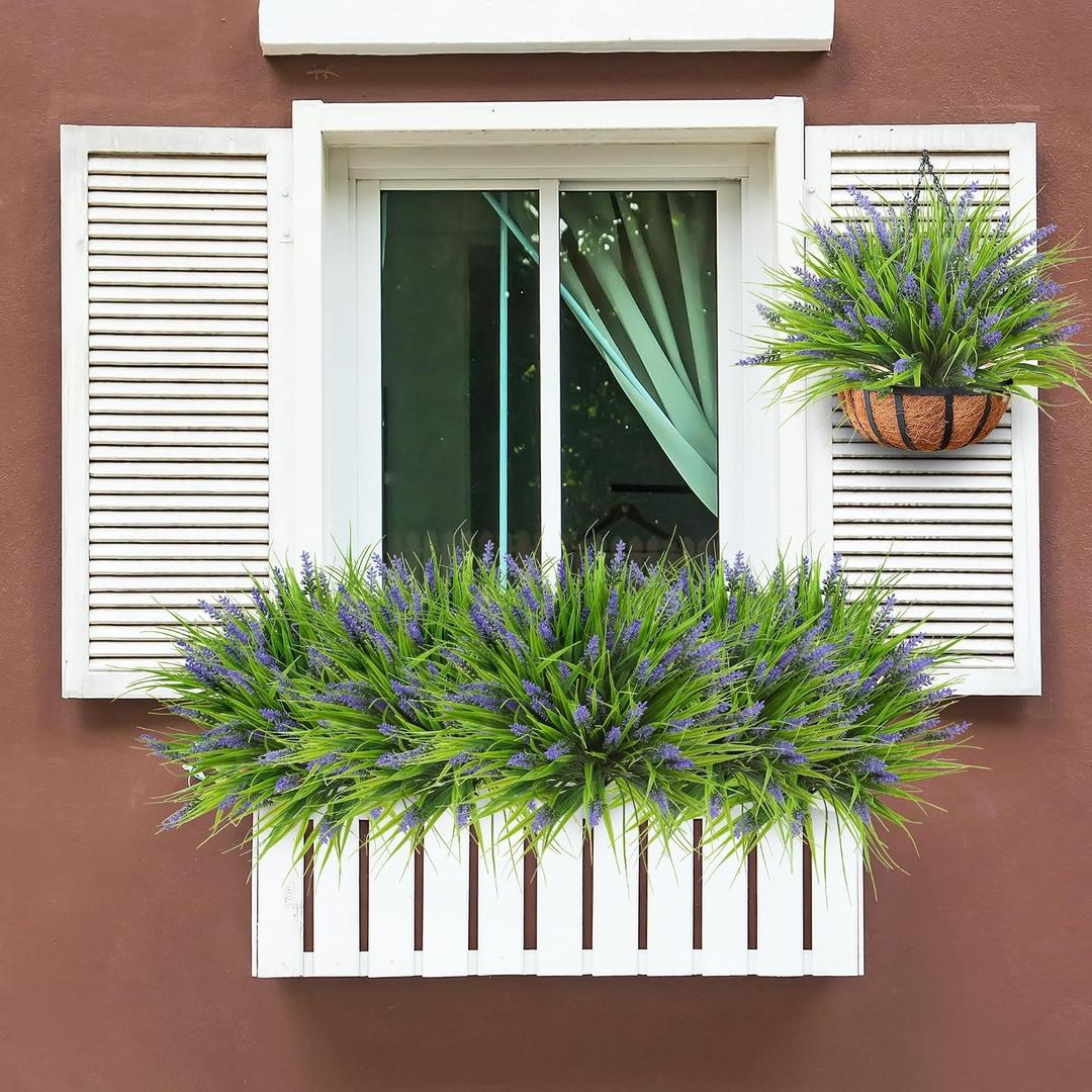 4PCS UV Resistant Artificial Lavender Plants Outdoor - 14.5" Realistic Faux Flowers with Monkey Grass, Fake Purple Blooms for Garden Planters, Porch Decor and Window Boxes (Purple)
