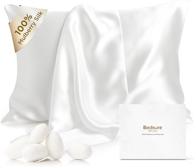 Bedsure 100% Pure Mulberry Silk Pillowcase for Hair and Skin, White Silk Pillow Case with Hidden Zipper, Cooling Pillow Cases Gifts for Women,1pc,Standard Size,20x26 Inches