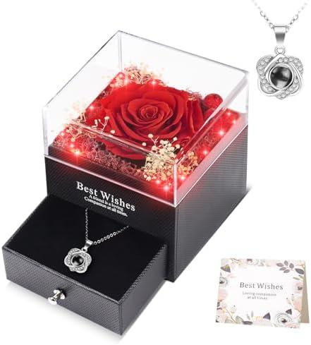 Pack of 2 WOKEISE Lighted Preserved Real Rose with I Love You Heart Necklace, Gifts for Christmas Day, Mothers Day Anniversary Birthday Flowers Gifts for Women Girlfriend Wife Mom Grandma - Red