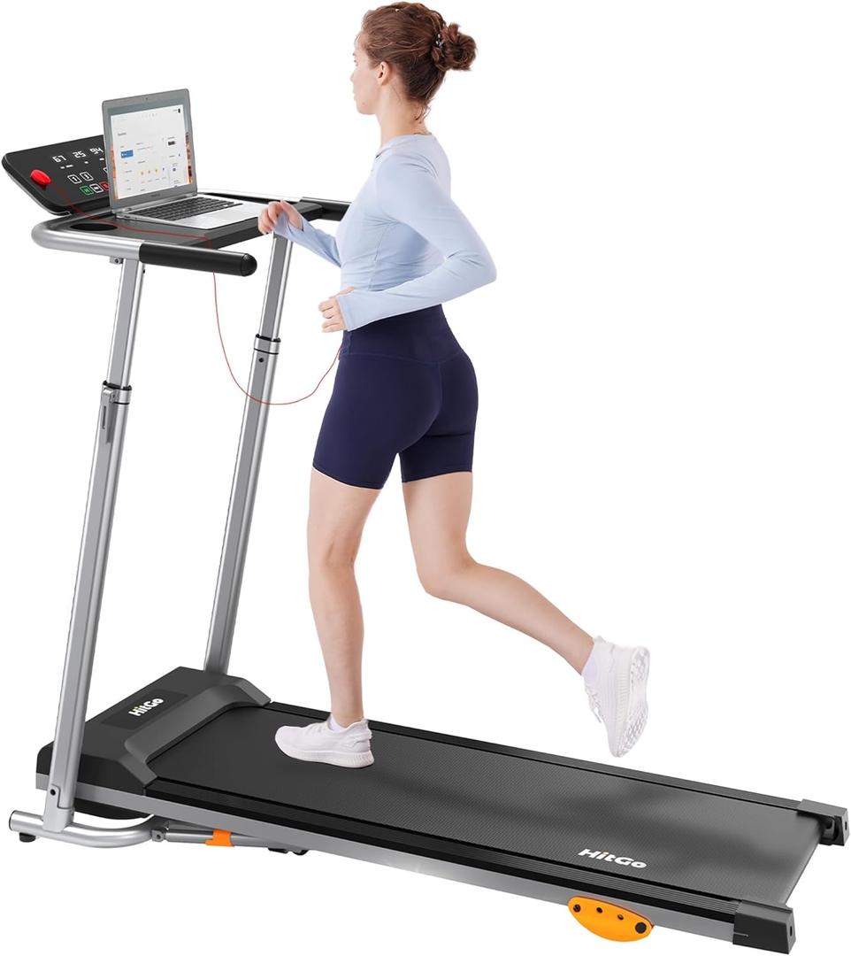 Treadmill with Quick-Release Desk, Hydraulic Folding Design, Adjustable Armrests, 300LBS Weight Capacity