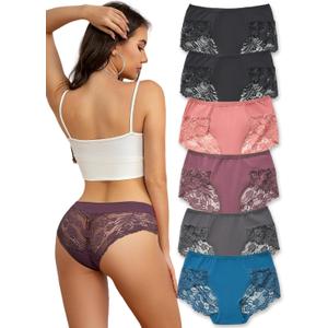 Sexy Panties For Women Lacy Underwear Women Cheeky Panties High-Waist Sexy Lace Womens Solid Underpants Pack (Small, 6pcs-black/Pink/Navy Blue/Grey/Purple)