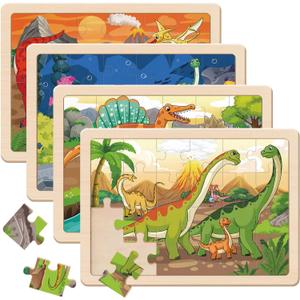 Puzzles for Kids Ages 4-6, Large Dinosaur Wooden Puzzles, 4 Packs 24 PCs Jigsaw Puzzles Preschool Educational Toys Gifts for 3 4 5 6 Year Old Boys Girls