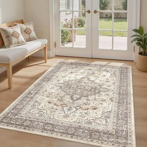 LOONGRUG 4x6 Rug Washable Vintage Boho Rug for Entryway Bedroom Beige Brown | Neutral Soft Stain Resistant Farmhouse Retro Non-Slip Indoor Throw Carpet for Entryway Front Door Kitchen Bedroom