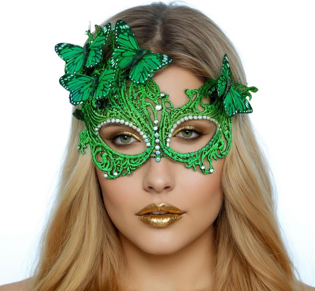 Butterfly Masquerade Mask for Women Lace Venetian Masks Halloween Mardi Gras Party Prom (Green)