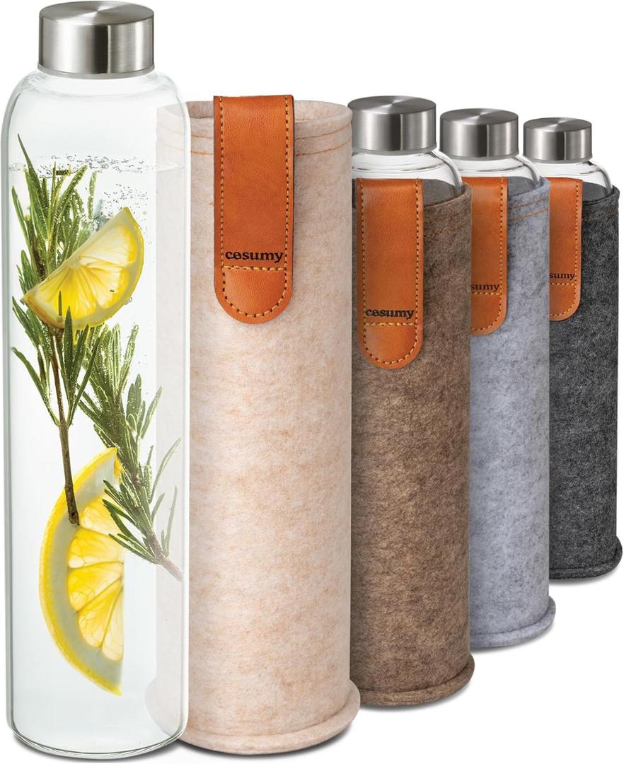 Cosumy Glass Water Bottle 25oz with Felt Sleeve - Borosilicate Glass - Leakproof Lid - BPA Free - Ideal for Work, Travel & Gym (Beige)
