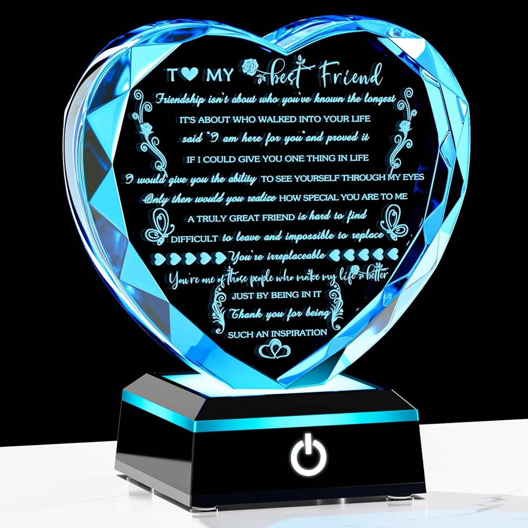 YWHL Birthday Gifts for Best Friend with Colorful LED Base Heart Crystal Friendship Gifts for Women Meaningful Bestie Gifts Mothers Day BFF Gift Idea for Her Female Friend