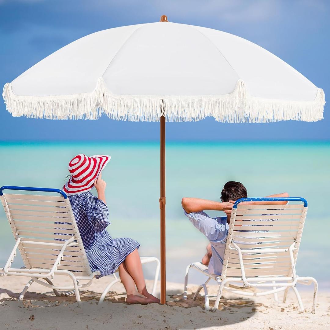 Aoxun 7ft Patio Umbrella with Fringe,Outdoor Beach Umbrella with Aluminum Pole, Ribs Push Button Tilt and Carry Bag, UV 50+ Picnic Tassel Umbrella (White)