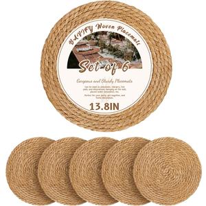 13.8 in Round Woven Placemats Plate Chargers Set of 6, Boho Farmhouse Rustic Woven Place Mats for Dining Table Decor, Rattan Wicker Table Mats Jute Braided Chargers for Dinner Plates (Natural Color)
