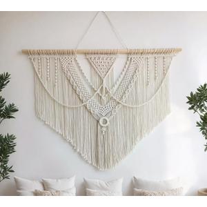 oiikain Large Handmade Boho Macrame Wall Hanging Tapestry - Chic Bohemian Woven Home Decor art for Living Room, Bedroom, and Wedding Parties (Beige, Large Sigle Triangle)