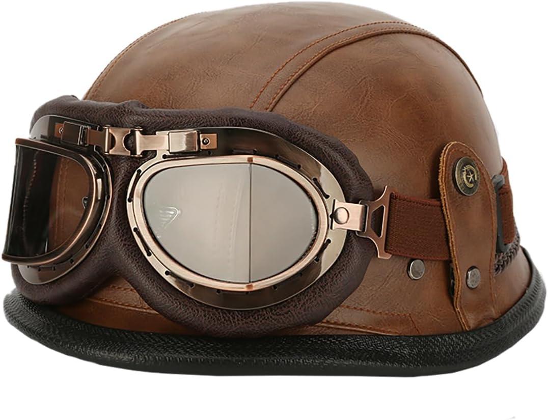 German Style Motorcycle Helmet, Retro Leather Motorcycle Half Helmet Skull Cap for Adult Men Women, Vintage Open Face Half Shell Helmet for Cruiser Scooter Chopper, DOT Approved (Large, Brown)