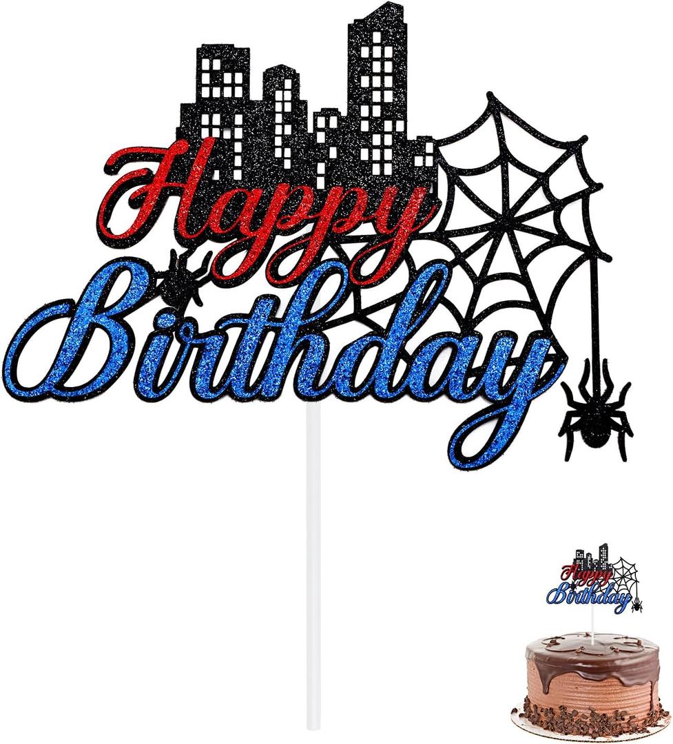 Cartoon Spider Birthday Cake Topper, Glitter Paper Cartoon Themed Happy Birthday Cupcake Topper Supplies Double-Sided Party Decoration for Boy & Girl