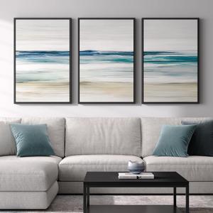 Framed Abstract Coastal Wall Art for Living Room, Large Blue Coastal Landscape Decor, 3 Piece Minimalist Beach Ocean Painting Artwork for Walls, Canvas Prints for Bedroom Hallway Wall Decor, 24x36 In, 24" W x 36" H x 3Pcs