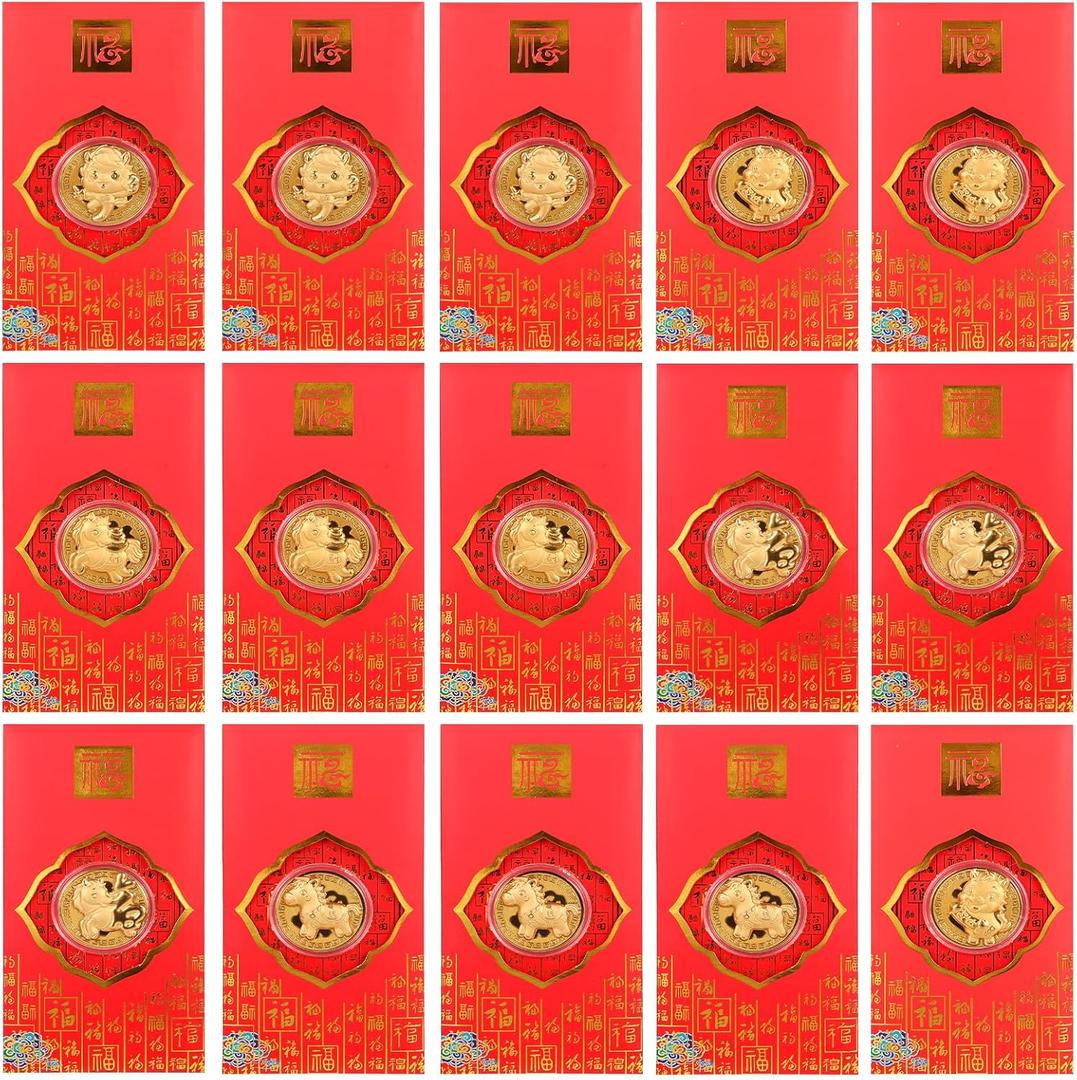 15 Set Chinese New Year Red Envelopes 2026 Horse Coins Chinese New Year Lucky Money Envelopes Hong Bao Zodiac Souvenir Coins for Spring Festival Health Wealth