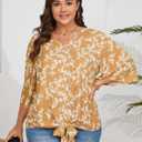 SCOMCHIC Women's Plus Size Blouses V Neck Tops 3/4 Sleeve Tie Knot Casual False Button Down Shirts XL-5XL (Floral Yellow)