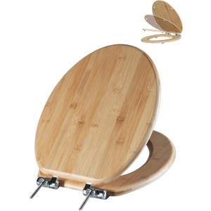 Angol Shiold ELONGATED Bamboo Wood Toilet Seat Soft Close Zinc Alloy Strong Hinges, Light, Easy to Install & Clean, Up to 400 lbs (Elongated 18.5", Natural Bamboo)