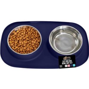 GORILLA GRIP Dog Bowl Set with Slip Resistant Silicone Feeding Mat, Food Grade 304 Stainless Steel Bowls, BPA Free, High Edge Spill Containment, Dishwasher Safe, Finger Notch Removal, 2 Cup, Navy Blue