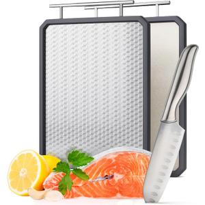 Stainless Steel Cutting Board 14.810.8, DualSided with Wheat Straw Texture & Smooth Metal, NonSlip Edge & Handle (Silver)