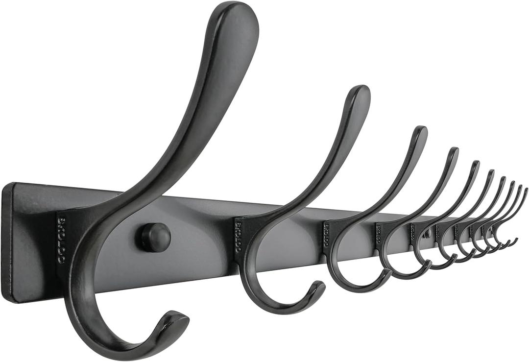 SKOLOO Coat Rack Wall Mounted - 10 Hooks, Heavy Duty, Stainless Steel, Metal Wall Hanger, Sturdy Coat Hooks for Hanging Coats, Jacket, Clothes, Hat, Black (10 Hook(1 Pack))