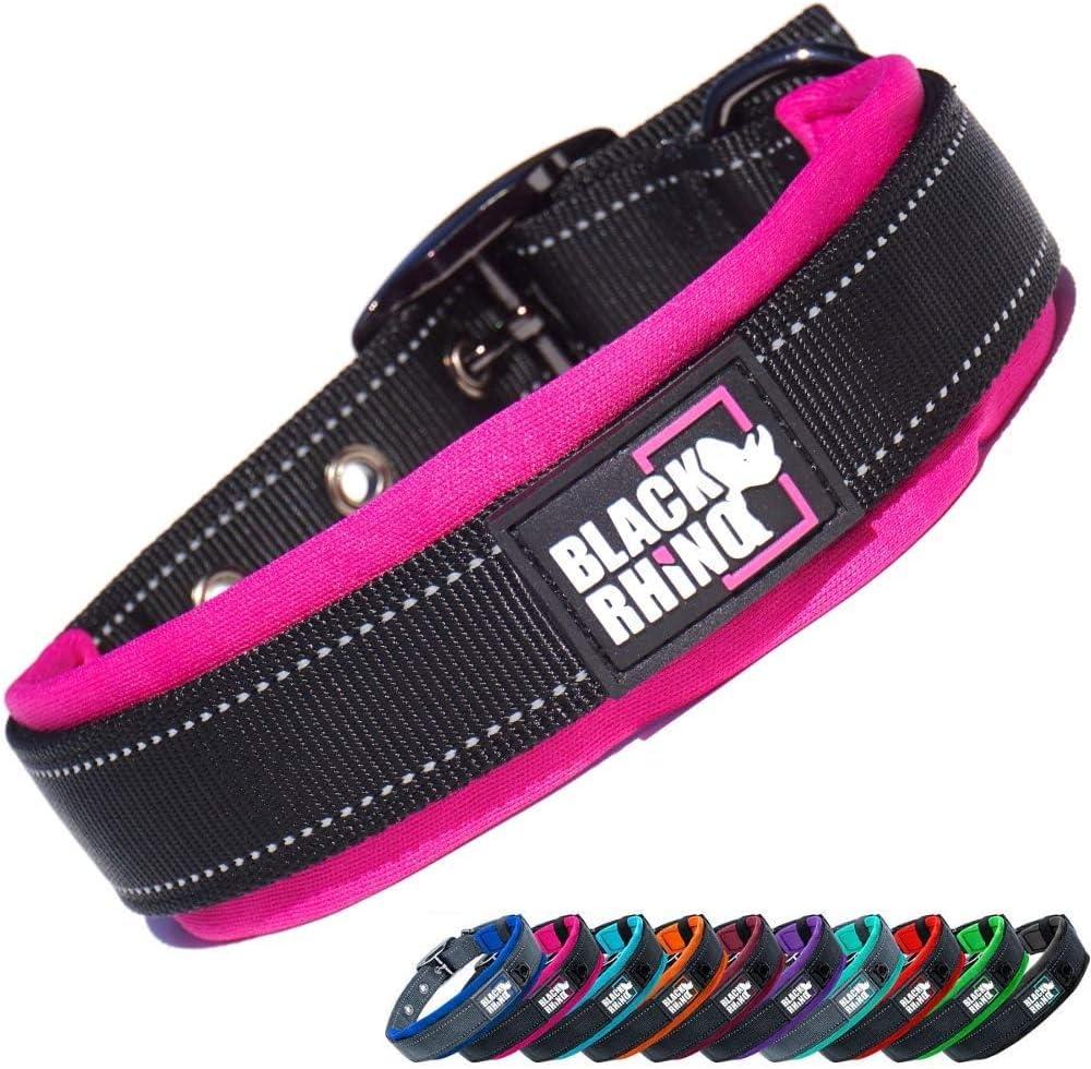 Black Rhino Dog Collars for Medium Dogs - Adjustable Reflective Heavy Duty Dog Collar with Ultra-Soft Neoprene Padding - Weatherproof, Durable, and Comfortable - Ideal for Active Dogs - Pink and Black, Medium