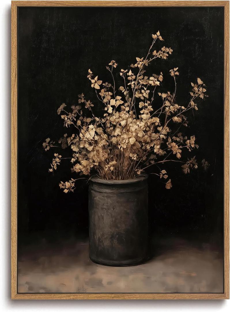 ZZLWBKGL Vintage Dried Floral Framed Wall Art Dark Moody Botanical Canvas Wall Art Cottage Core Pictures Wall Decor Rustic Still Life Art Prints for Living Room Bedroom Study