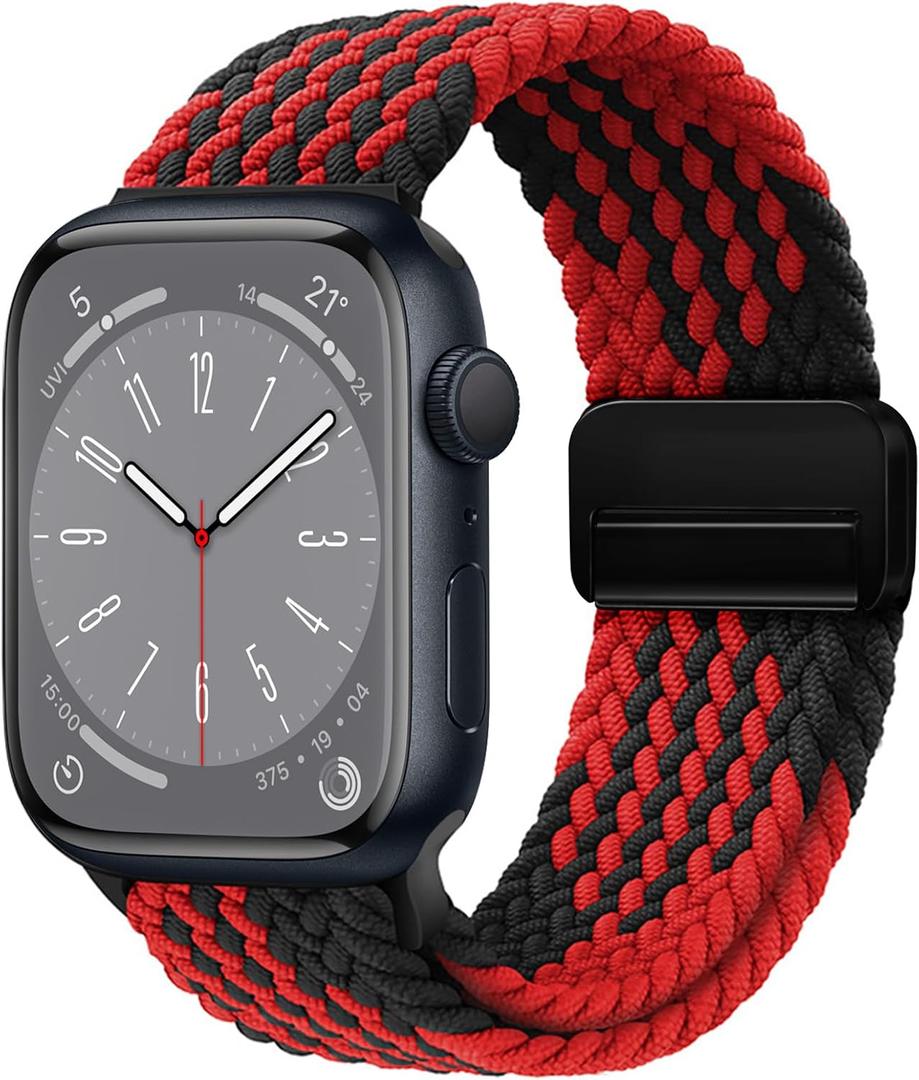Magnetic Braided Loop Band Compatible with Apple Watch Series 11 10 42mm 9 8 7 6 5 4 40mm 41mm for Women Men, Stretchy Nylon Elastic Sport Strap for iWatch SE 1/2/3, Black/Red