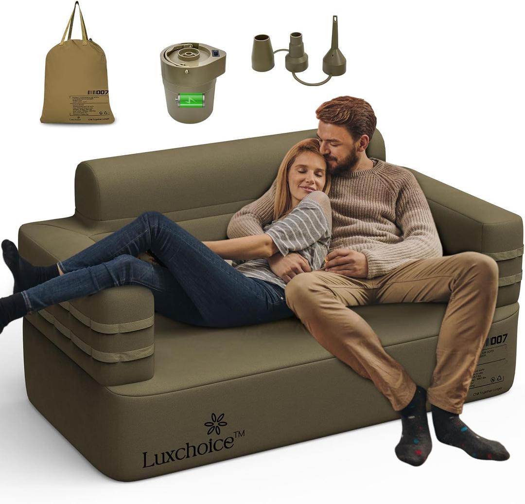 Inflatable Couch Multifunctional Durable Inflatable Sofa with Built in Pump Double Loveseat Portable Blow Up Couch for Camping Outdoor Travel Home Backyard Patio, Olive Drab (Loveseat)