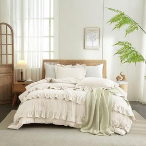 Queen Comforter Set Cream White Comforter Fluffy Soft Chic Ruffle Bedding Comforter Queen 1 Ruffled Ivory Comforter with 2 Pillowcases Farmhouse Boho Bedding Comforter Vintage Ruffle Comforter Set (Queen (90"x90"))