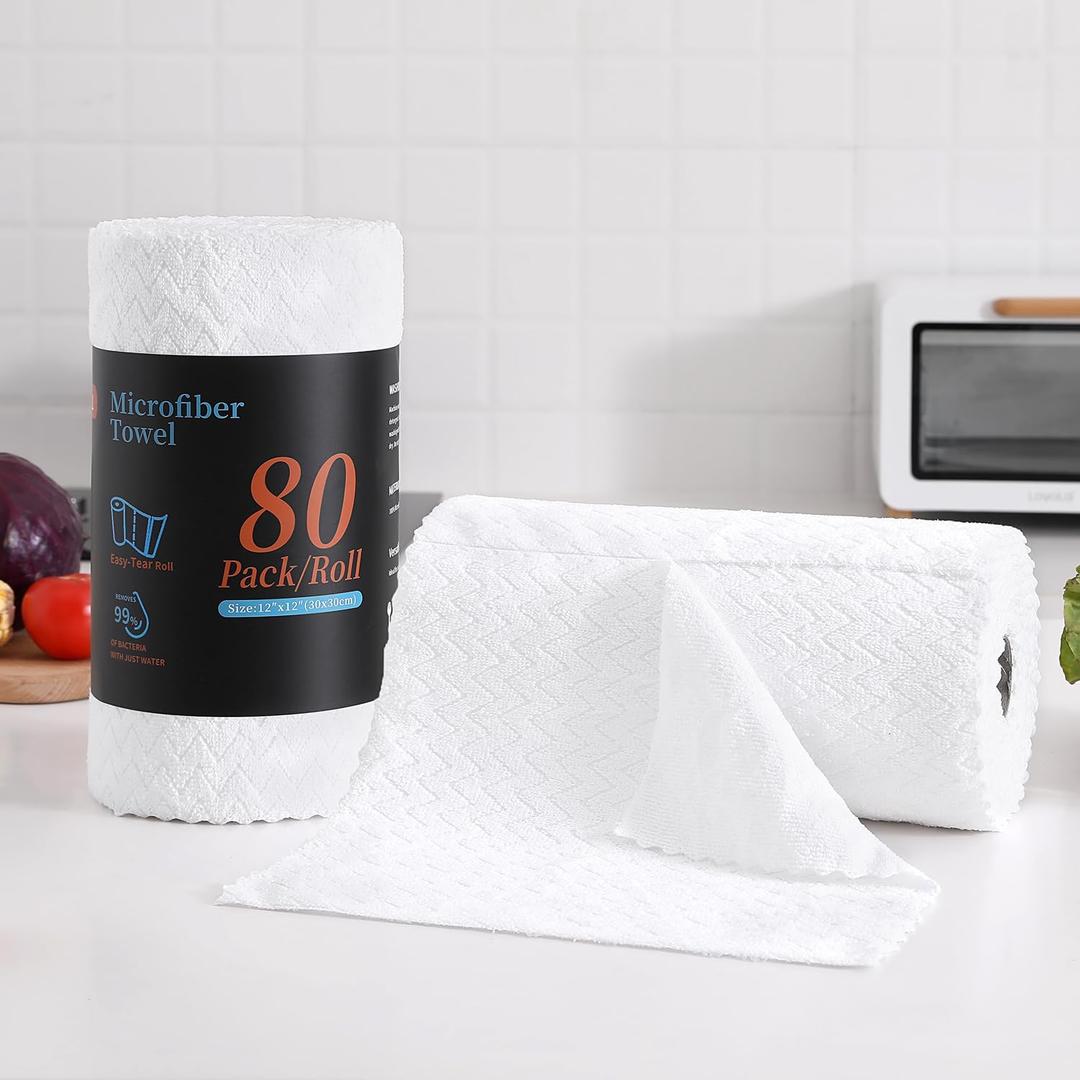 80 Pack Microfiber Cleaning Cloth Roll Reusable Paper Towels 12"x12" Tear Away Cloth,Absorbent Dish Rags for House Kitchen,Wash Cloths,Lint Free Rags for Window Cars Cleaning Supplies (White)