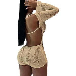 XZLUFNY Women Sexy Knitted Crochet Hollow Backless Long Sleeve Short Playsuit (Green, L)