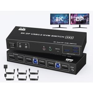 Displayport KVM Switch 2 Monitors 2 Computers with Audio Jack - 8k@60HZ 4K@144Hz Dual Monitor Kvm Switch with 3 USB 3.0 Port Sharing Keyboard Mouse, Included Wired Remote 2 Cables Displayport Switch