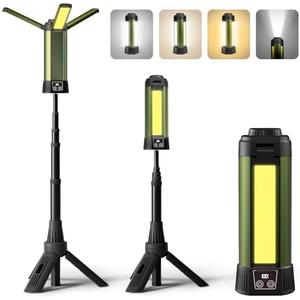 Mlogiroa Rechargeable Camping Light with Stand: Cordless Work Light Kit 3 Page Head 500/1000/2000 Lumen 3500/6500K - Dimmable 6AH Camp Lights with Detachable Tripod,Hooks and Carrying Bag(Green-S)