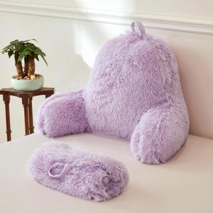 XeGe Fluffy Back Support Pillow Cover for Bed (No Filler), Light Purple Faux Fur Backrest Pillowcase, Lilac Furry Reading Pillow with Arms for Adults Kids, Fuzzy Sit Up Study Pillow, Lavender (Large)