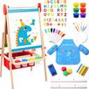Kids Easel Including 100+ Accessories, Double Sided Wooden Easel for Kids - Magnetic Chalkboard & Painting Board & 2 Paper Rolls, Art Easel Supplies for Toddlers 3-8 Height Adjustable