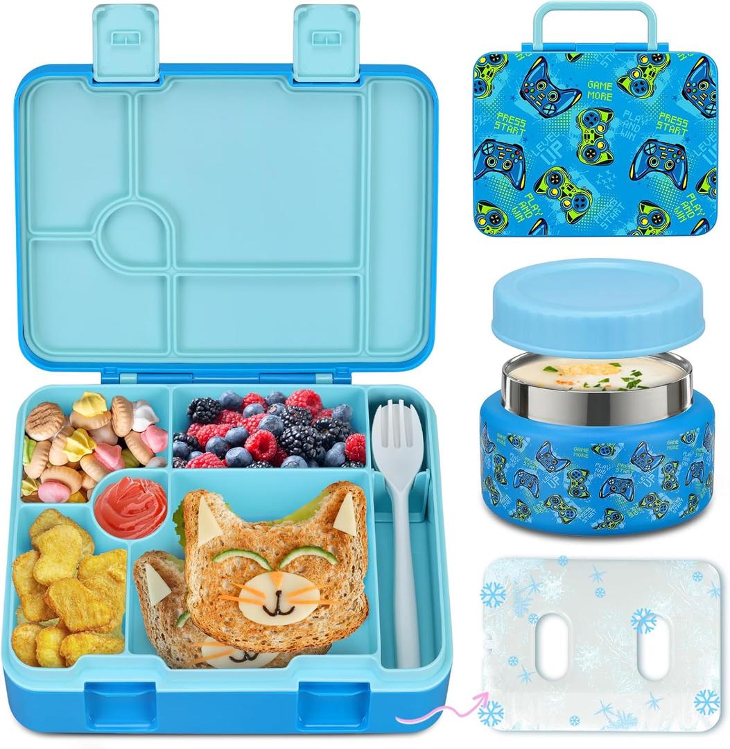 BEAQUEE Bento Lunch Box Kids and 9oz Soup Thermos – 5.5-Cup Leakproof Kids Bento Box with Ice Pack & 9oz Insulated Food Jar – Hot & Cold Food Lunch Container for Boy Girl School, Blue Set