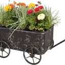 Vintage Flower Cart with Wooden Handles Metal Wagon Planter Brown Outdoor Plants, Garden Planter with Wagon Wheels, Decorative Wheelbarrow, Plant Cart, The garden planters size: 9.06"D x 12.8"W x 7.28"H
