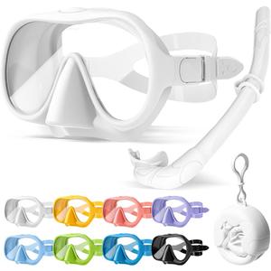 NARUTOO Snorkel Set Adults, Fashionable Macaron Colors Frameless Snorkeling Mask, Ultra Wide View Anti-Fog Snorkel Mask Set, Portable Professional Diving Snorkeling Set (White)